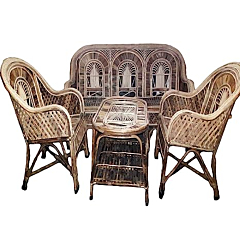 Cane Sofa Set with Table (Wood,Brown)