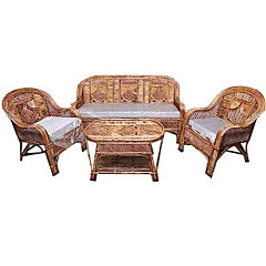 Cane Bamboo Sofa Set with Table (Brown)
